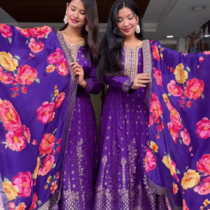 Purple Embroidered Suit Set with Floral Dupatta – Regal Ethnicwear for Women