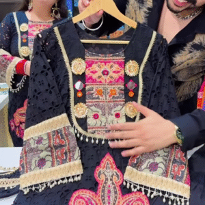 Black Embroidered Ethnic Dress with Multicolor Floral and Geometric Patterns, Tassel Accents