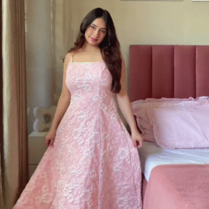 Sleeveless Pink A-Line Dress with White Floral Print and Thin Straps