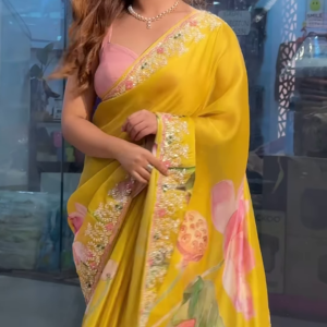 Sun-Kissed Yellow Floral Organza Saree with Intricate Zari Border