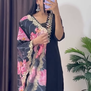 Elegant Dark Teal Green Kurta with White Floral Embroidery and Printed Organza Dupatta - Chic Ethnic Set