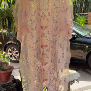 Peach Organza Lucknowi Chikankari Kurta with Hand-Embroidered Floral Motifs and Sequin Accents