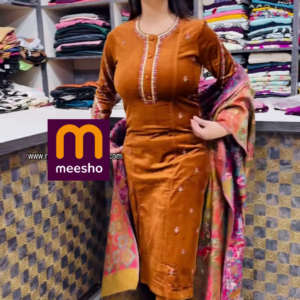 Rich Mustard Brown Velvet Suit with Multi-Color Printed Pashmina-Style Dupatta – Traditional Winter Ensemble