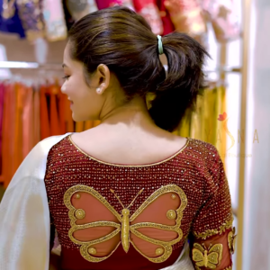 Deep Maroon Velvet Blouse with 3D Butterfly Embroidery and Hand-Encrusted Gold Sequin Detailing