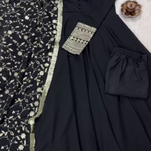 Classic Black Three-Piece Suit with Ornate Silver Zari Sleeve Detailing and Embroidered Dupatta - Sophisticated Evening Wear